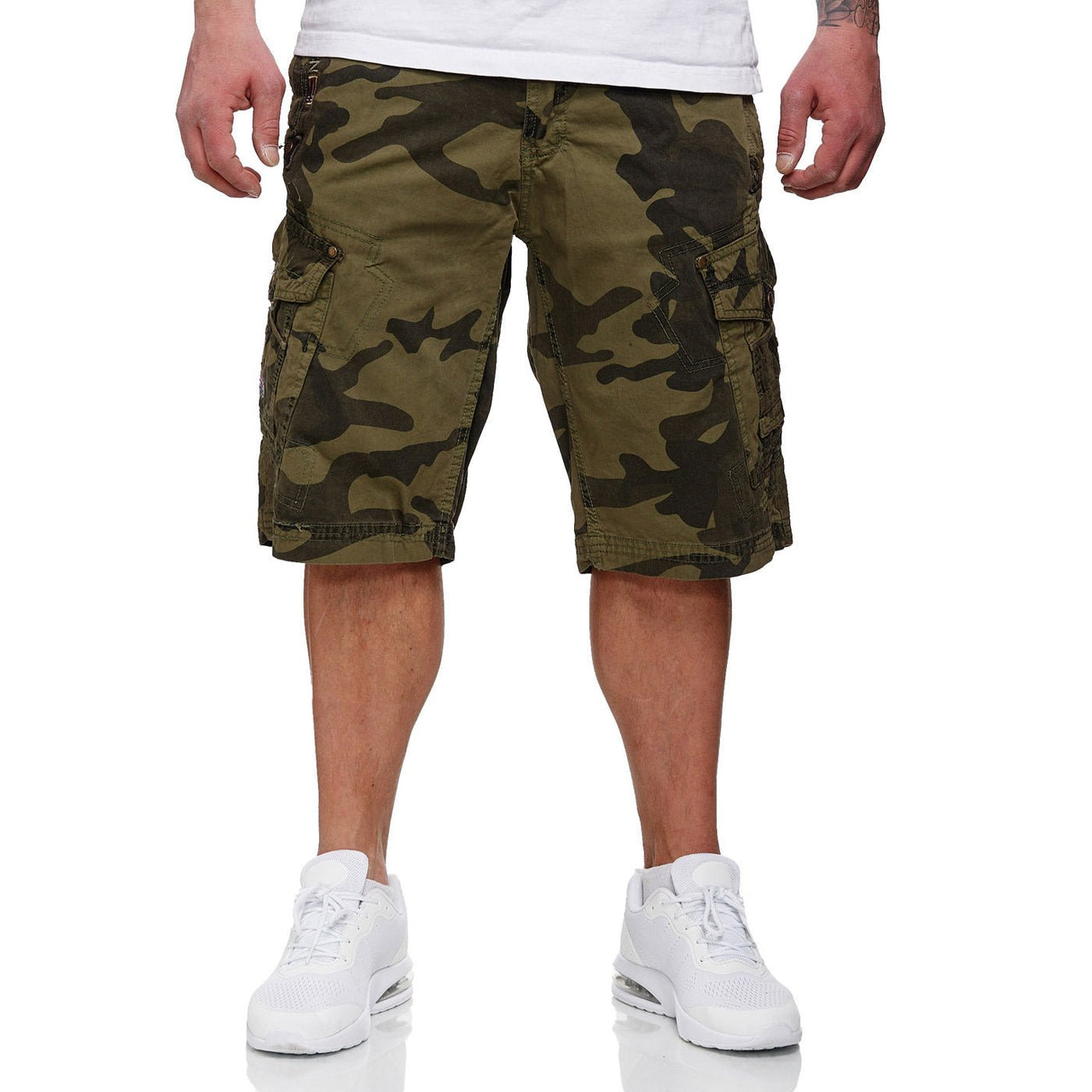 Geographical Norway Geographical Norway Peanut Homme - Bermudas con canesú de piel sintética y cinturón en Camo Caqui - Geographical Norway - S Camo Caqui