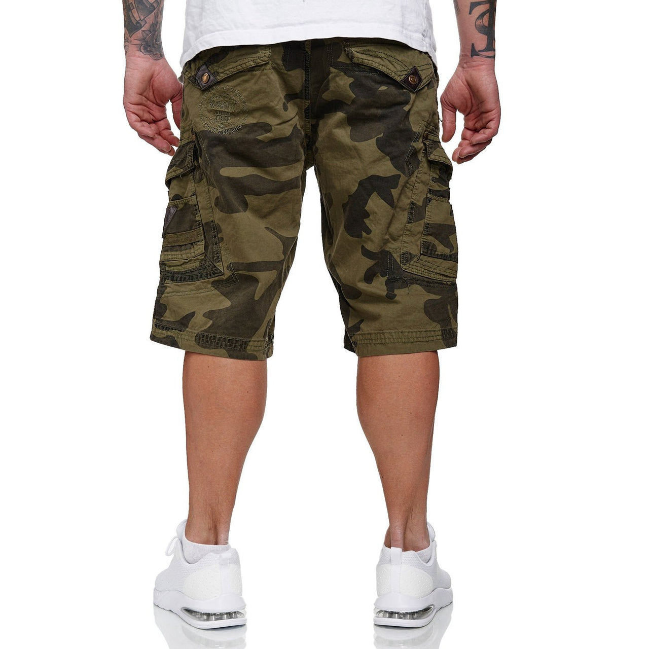 Geographical Norway Geographical Norway Peanut Homme - Bermudas con canesú de piel sintética y cinturón en Camo Caqui - Geographical Norway - S Camo Caqui