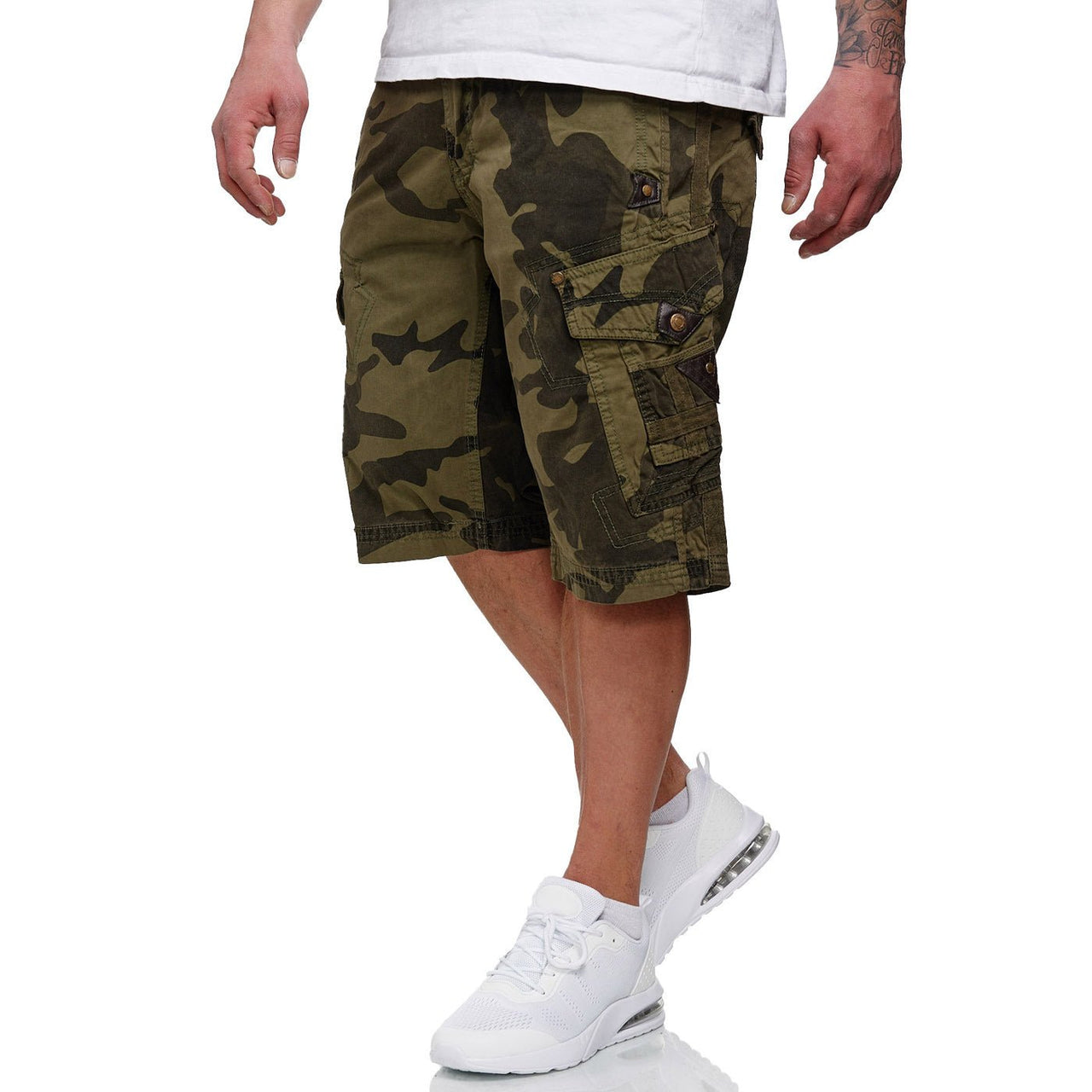 Geographical Norway Geographical Norway Peanut Homme - Bermudas con canesú de piel sintética y cinturón en Camo Caqui - Geographical Norway - S Camo Caqui